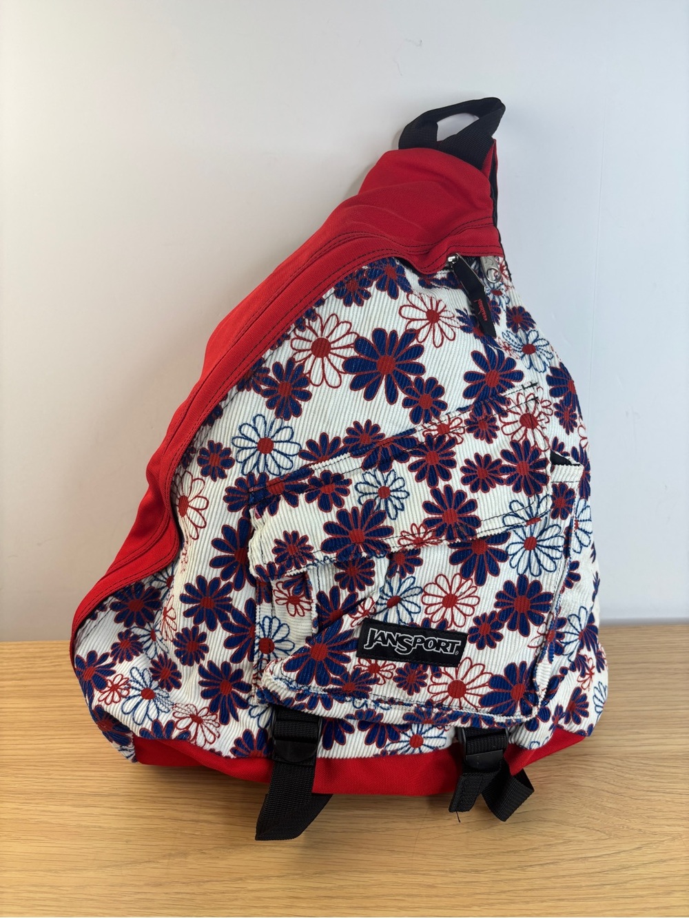 Vintage JanSport Corduroy Daisy Sling Bag Red White Blue